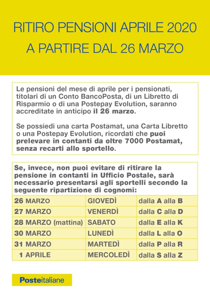 COMUNICAZIONE POSTE ITALIANE: MODALITA’ DI RITIRO PENSIONE  A PARTIRE DAL 26.03.2020