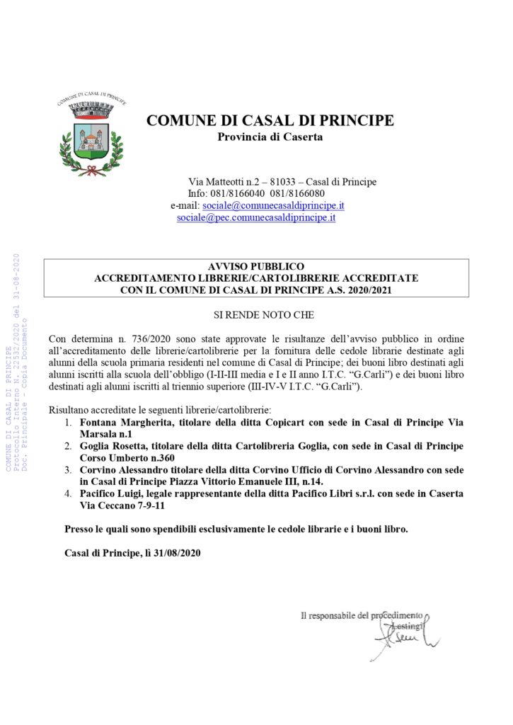 AVVISO PUBBLICO ACCREDITAMENTO LIBRERIE/CARTOLIBRERIE ACCREDITATE CON IL COMUNE DI CASAL DI PRINCIPE A.S. 2020/2021