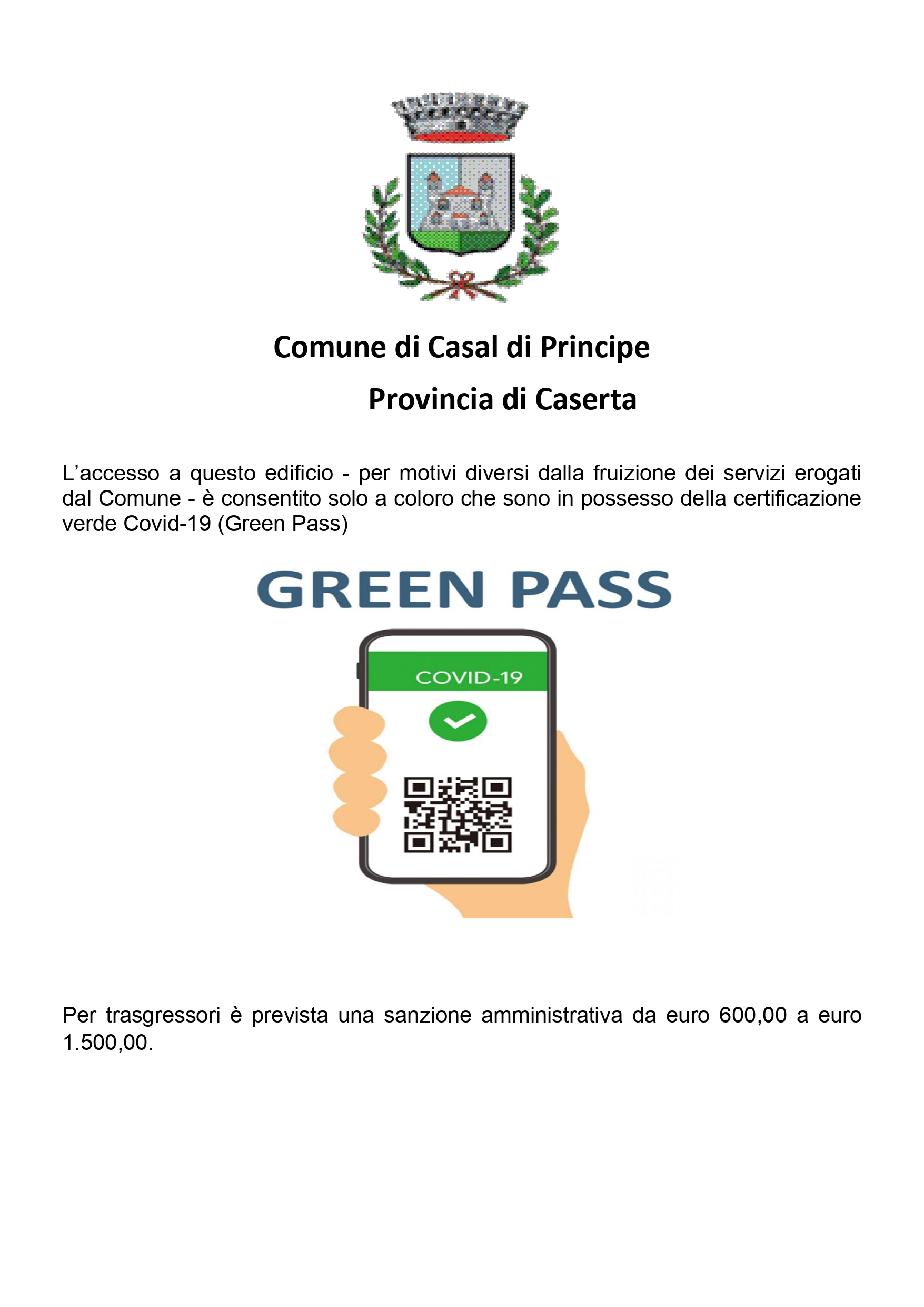ACCESSO UFFICI COMUNALI CON OBBLIGO DI GREEN PASS – PERSONALE ADDETTO